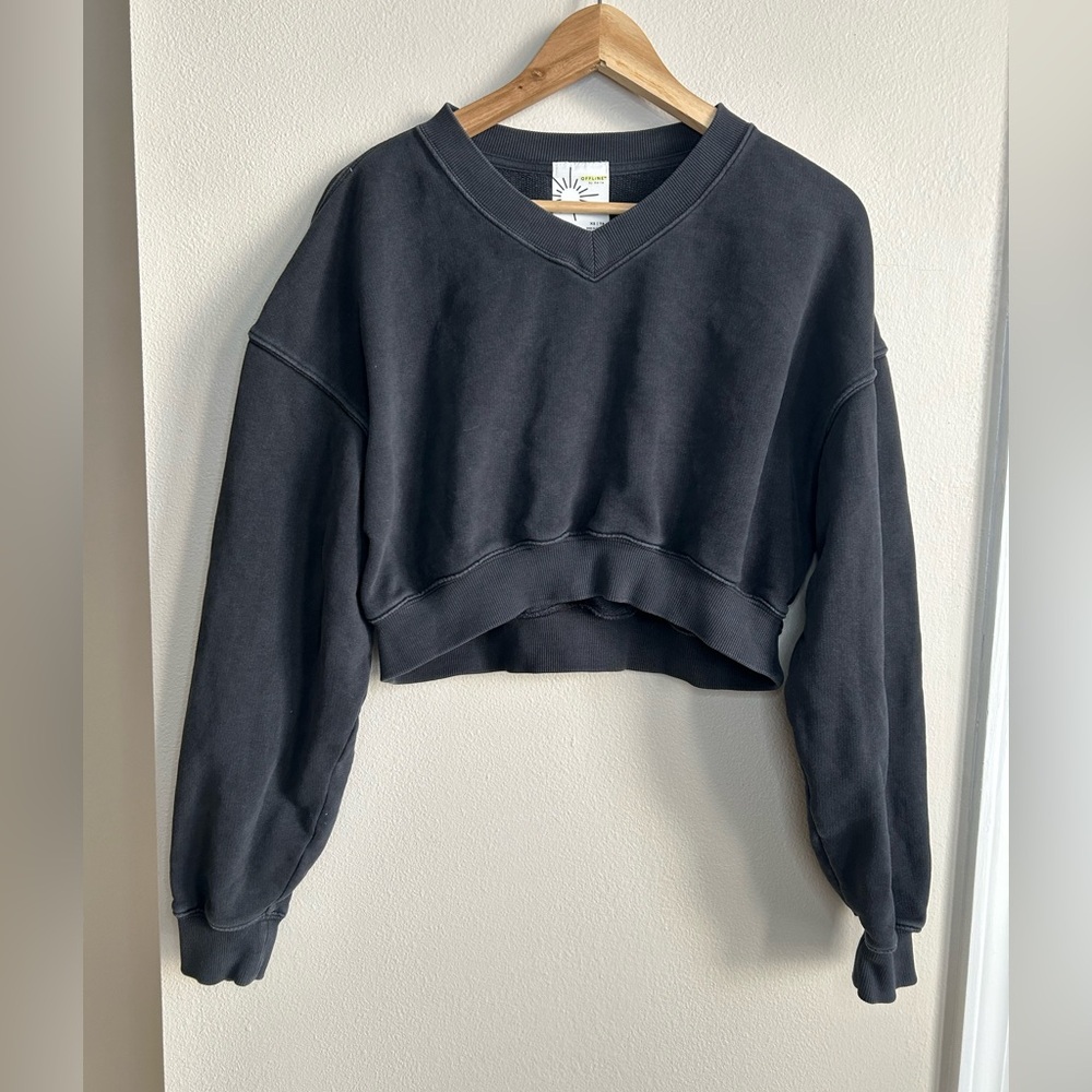 OFFLINE By Aerie Throw-Back Cropped V Neck Sweatshirt Black Size XS
